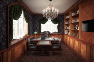 interior 3D visualizations- render of a Classic office room