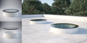 Product visualization of a skylight window, mounted in the roof of a house.