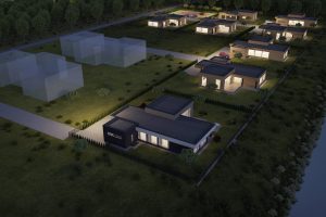 A 3D visualization of a new house situated near similar houses