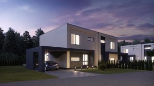 Dvibucio pastato eksterjero vizualizacija vakaro apsvietimas