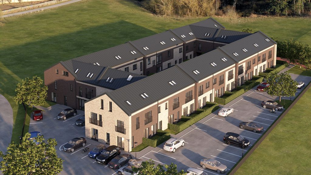 Kotedžų komplekso 3D vizualizacija iš drono skrydžio