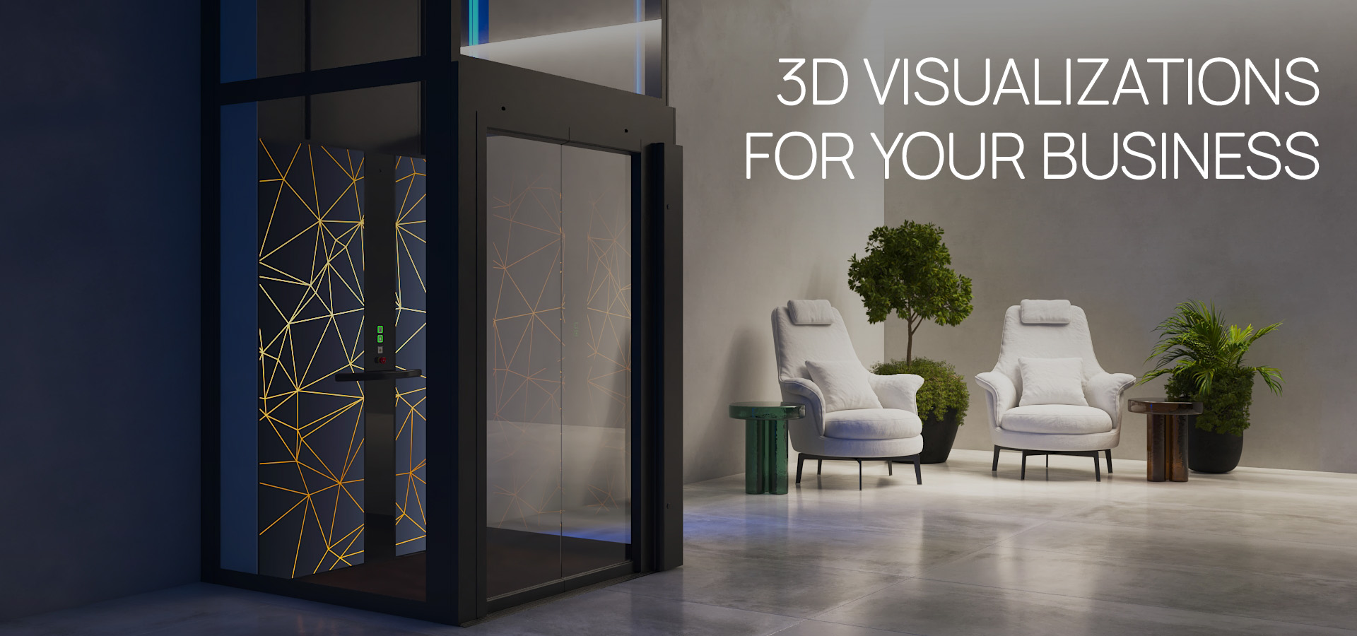 3D visualization of a modern elevator space for a commercial interior.