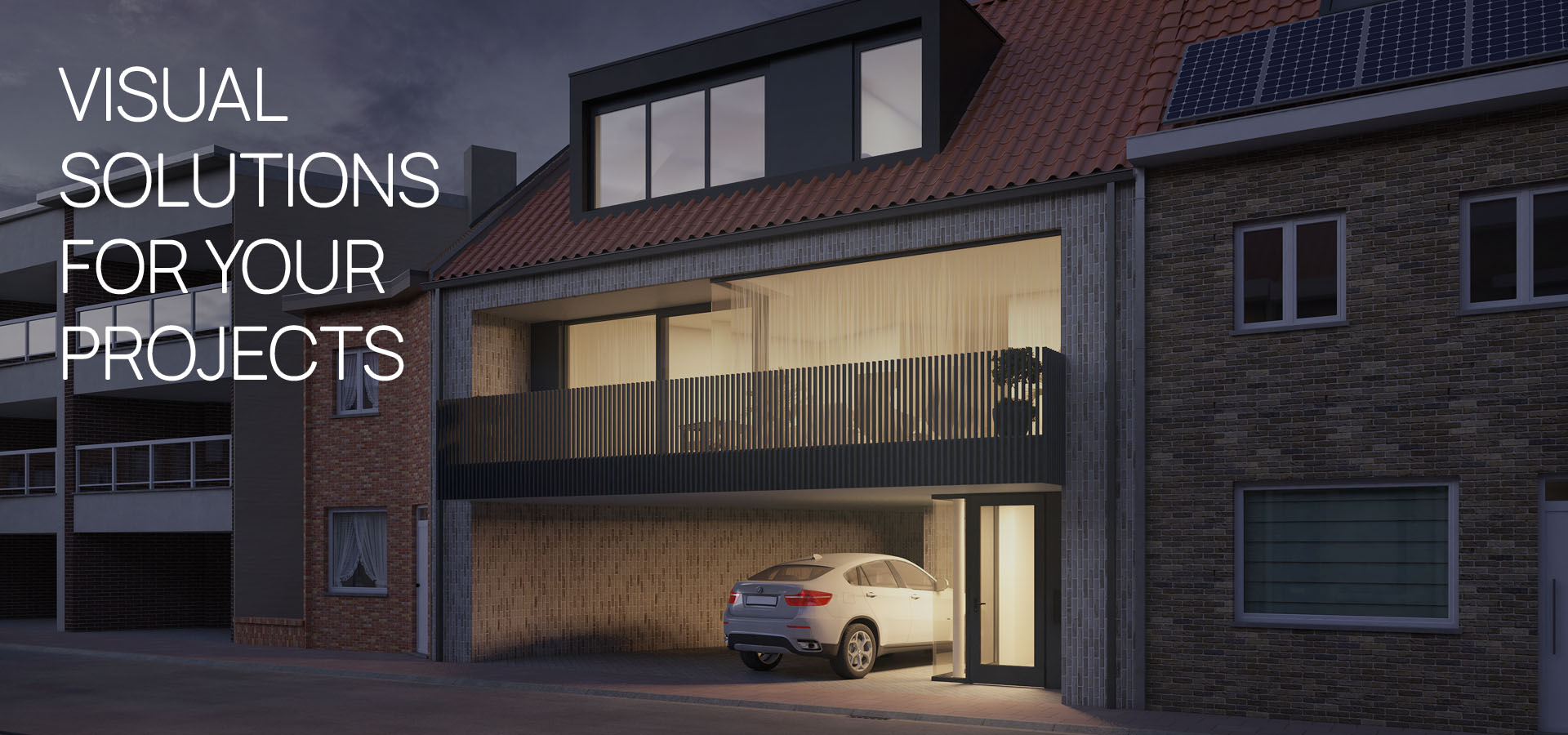 3D exterior visualization of a contemporary residential house.