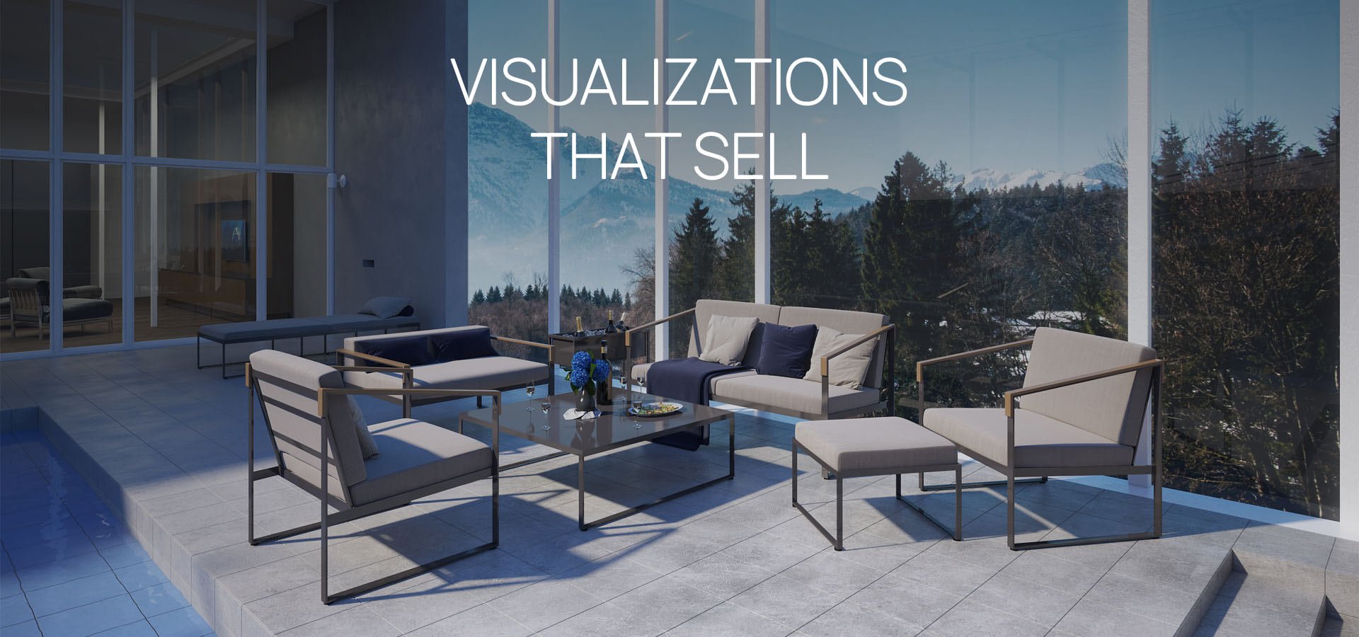 3D visualization of a luxurious modern interior with panoramic windows.